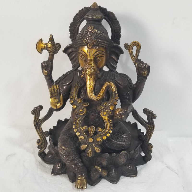 10"H x 8"W x 7"D - Handcrafted Brass Ganesh sitting on Lotus