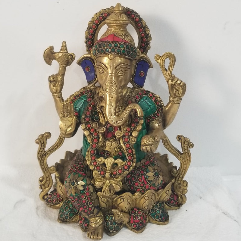 10"H x 8"W x 7"D - Handcrafted Brass Ganesh sitting on Lotus