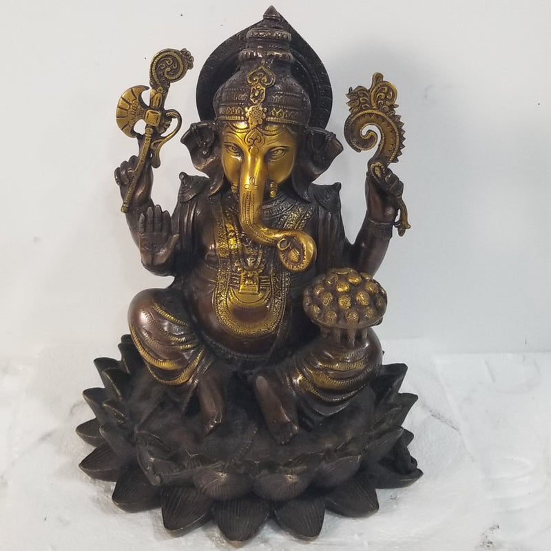 11"H x 9"W x 9"D - Handcrafted Brass Ganesh sitting on Lotus