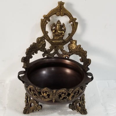 12"H x 8"D x 9"W - Handcrafted Ganesh inspired Brass Urli or Uruli