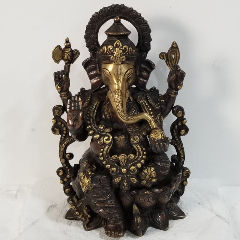 12"H x 8"W x 7"D - Handcrafted Brass Ganesh sitting on Lotus