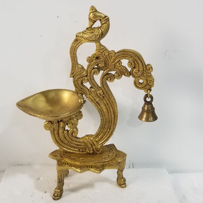12"H x 8"W x 3.5"D - Handcrafted Peacock inspired Brass Oil Lamp