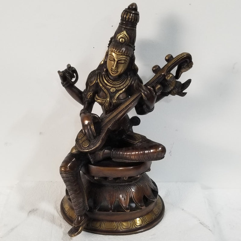 12"H x 6"W x 6"D - Handcrafted Brass Saraswati