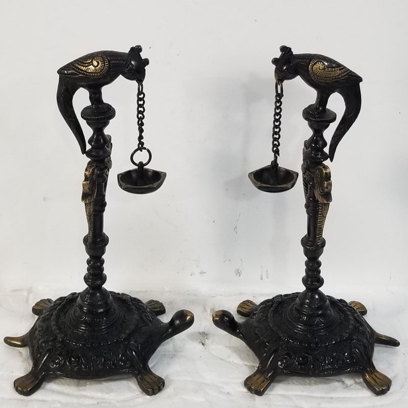 13"H x 7.5"W x 6"D Handcrafted Tortoise and Parrot inspired Brass Oil Lamp Pair