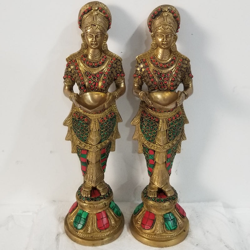 14"H x 3"W x 4"D - Handcrafted Brass Deep Lakshmi pair