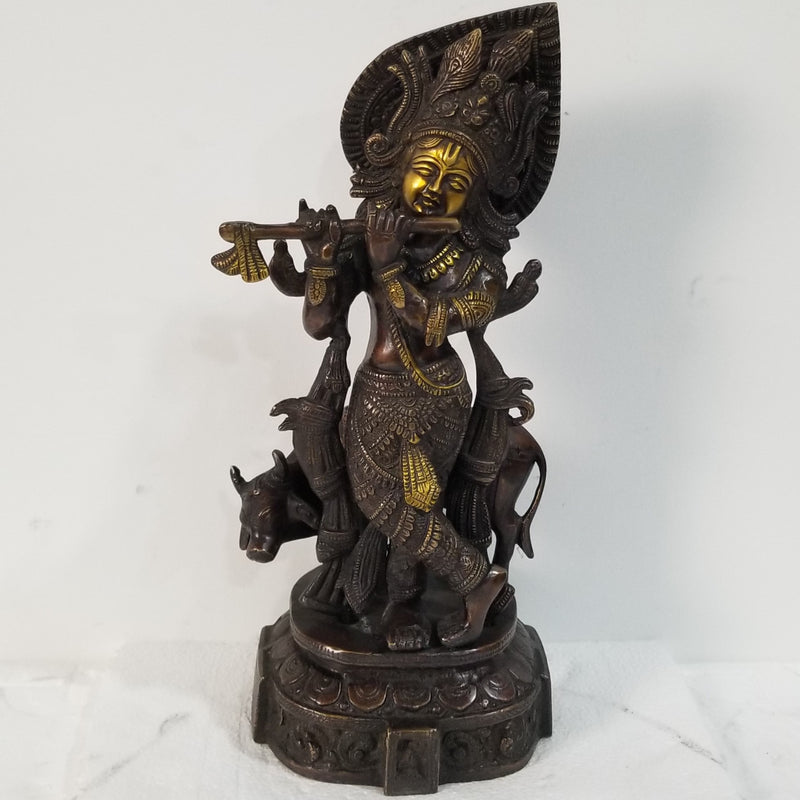 15"H x 6"W x 6"D - Handcrafted Brass Cow Krishna