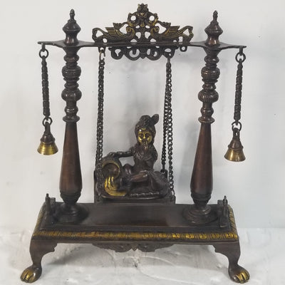 16"H x 13.5"W x 5.5"D - Handcrafted Brass Krishna on Swing/Jhoola