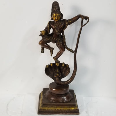 20.5"H x 8"W x 7"D - Handcrafted Brass Krishna dancing on Kaliya Head