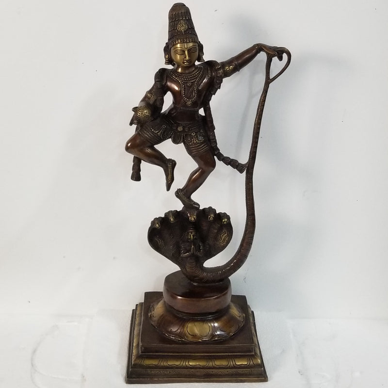 20.5"H x 8"W x 7"D - Handcrafted Brass Krishna dancing on Kaliya Head