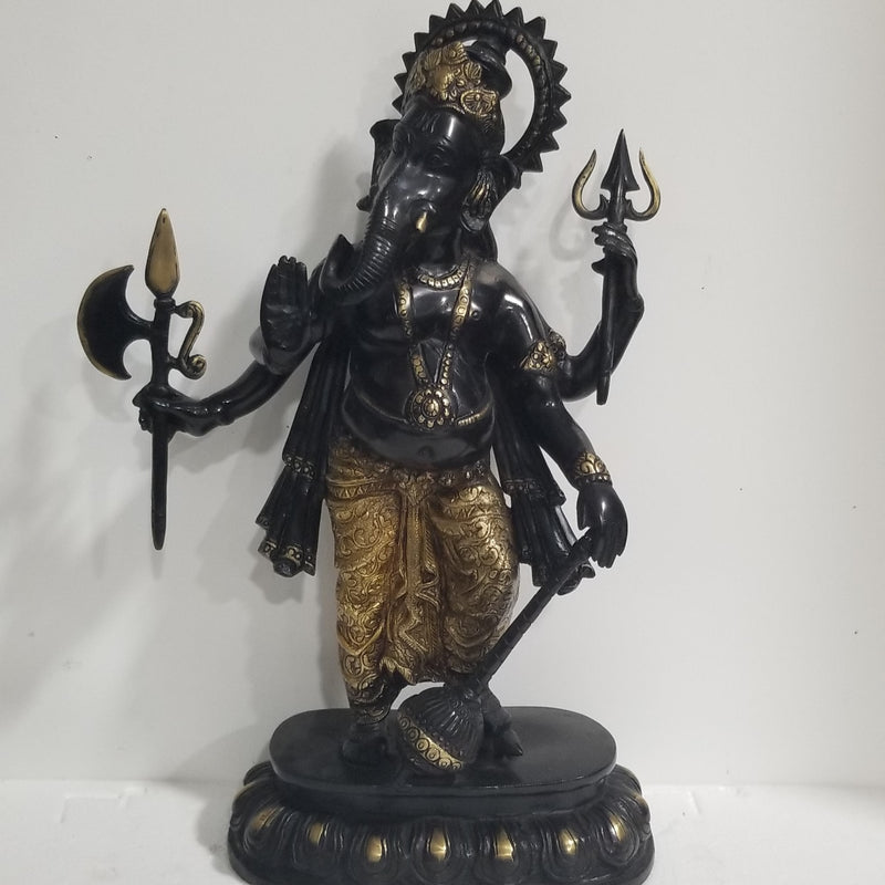 20"H x 14"W x 6"D Handcrafted Brass Ganesh with weapons