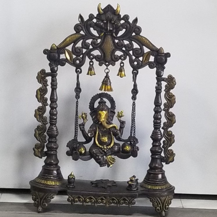 27"H x 18.5"W x 5"D - Handcrafted Brass Ganesh on Swing / Jhoola