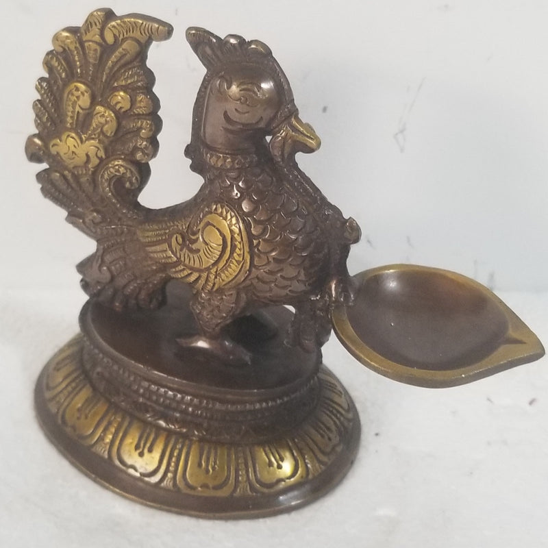 5"H x 6"L x 3"D - Peacock inspired Brass Oil Lamp