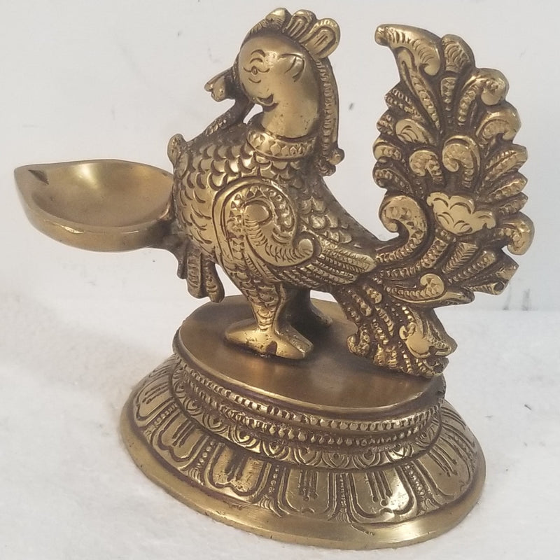 5"H x 6"L x 3"D - Peacock inspired Brass Oil Lamp