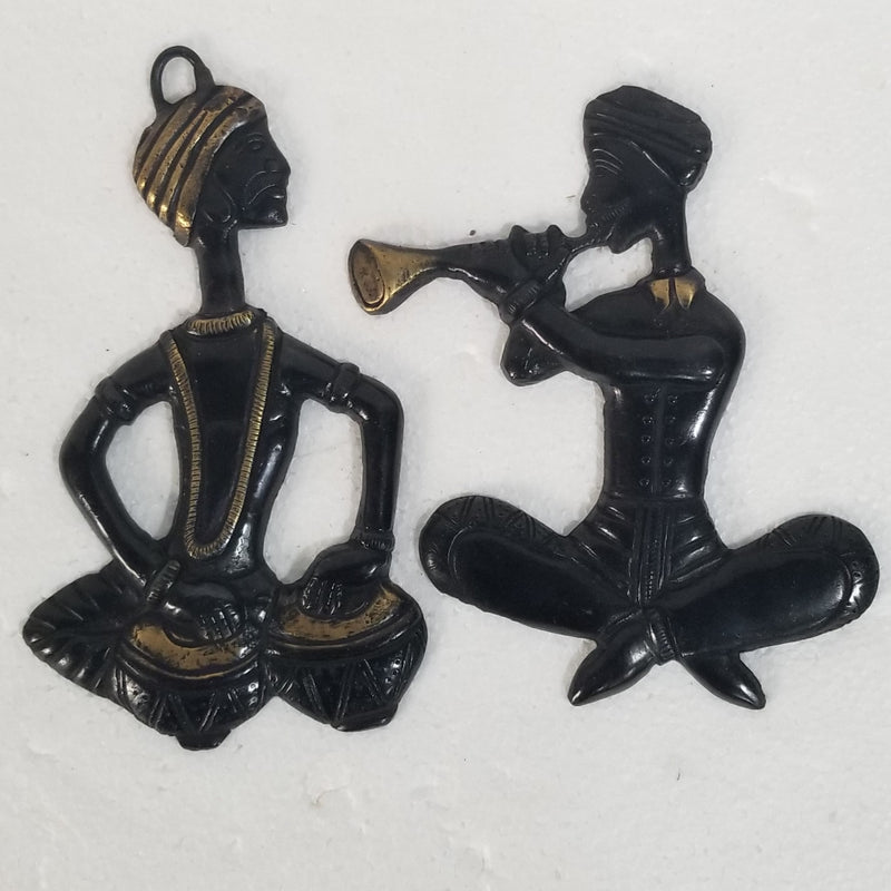 6"H x 4"W x 1"D - Handcrafted Brass Folk musician Wall Hanging Pair