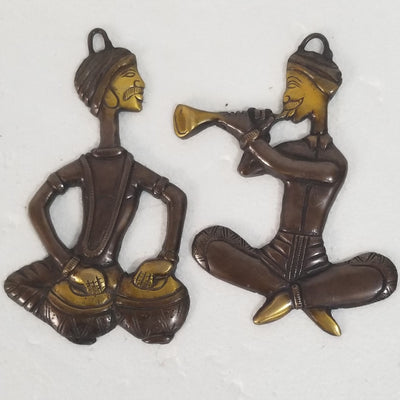 6"H x 4"W x 1"D - Handcrafted Brass Folk musician Wall Hanging Pair