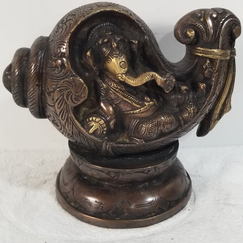 7"H x 6"W x 4"D - Handcrafted Brass Ganesh in shell