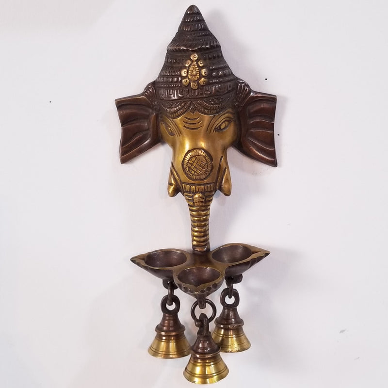 8.5"H x 4"W x 2.5"D - Ganesh inspired handcrafted Brass Oil Lamp & Bell