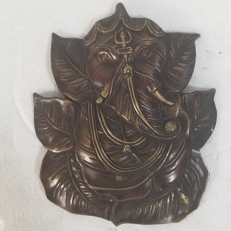 8.5"H x 7"W x 1"D - Handcrafted Brass Leaf Ganesh Wall Hanging