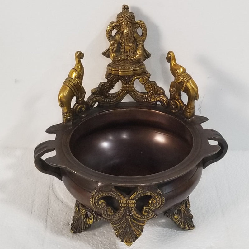 8"H x 8"D x 8"W - Handcrafted Ganesh and Elephant inspired Brass Urli or Uruli