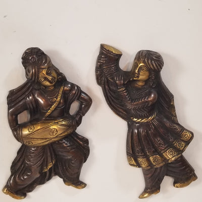 8"H x 5.5"W x 2"D - Handcrafted Brass Folk musician Wall Hanging pair