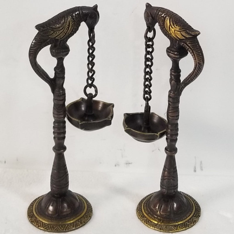 8"H x 2.5"W x 2.5"D - Handcrafted Peacock inspired Brass Oil Lamp Pair