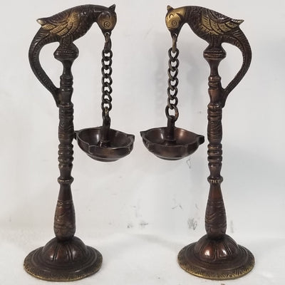 8"H x 2.5"W x 2.5"D - Handcrafted Peacock inspired Brass Oil Lamp Pair