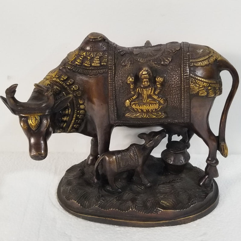 9"L x 6"H x 5"W - Handcrafted Brass Cow Calf Set