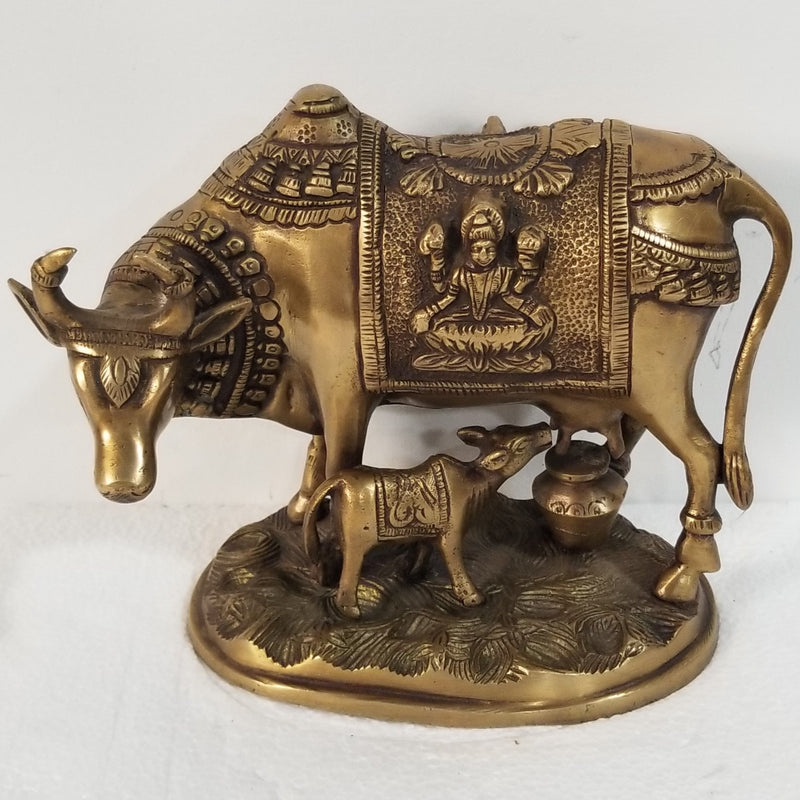 9"L x 6"H x 5"W - Handcrafted Brass Cow Calf Set