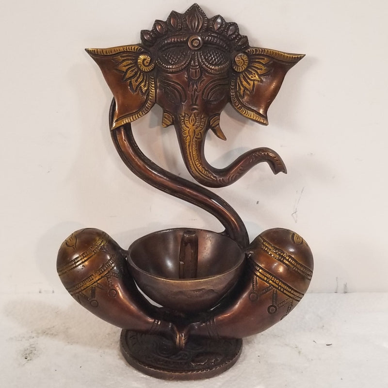 9"H x 6"W x 3"H - Handcrafted Ganesh inspired Brass Elephant Oil Lamp
