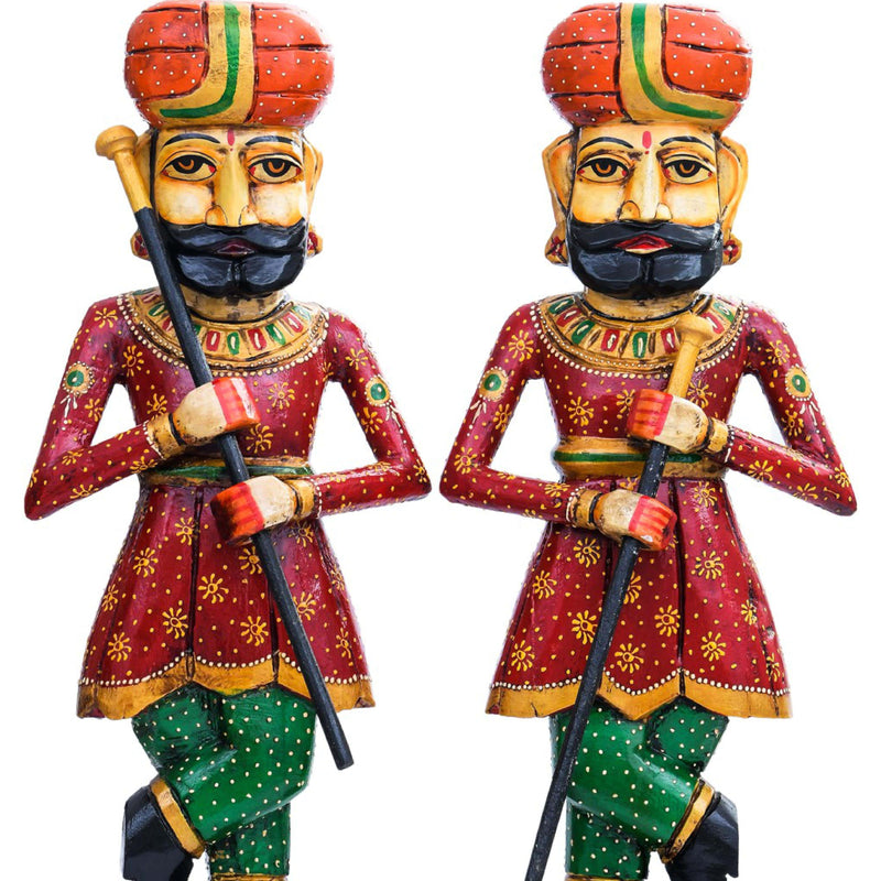 Handcrafted Wooden Chowkidar / Guard / Watchman Pair - 36"H