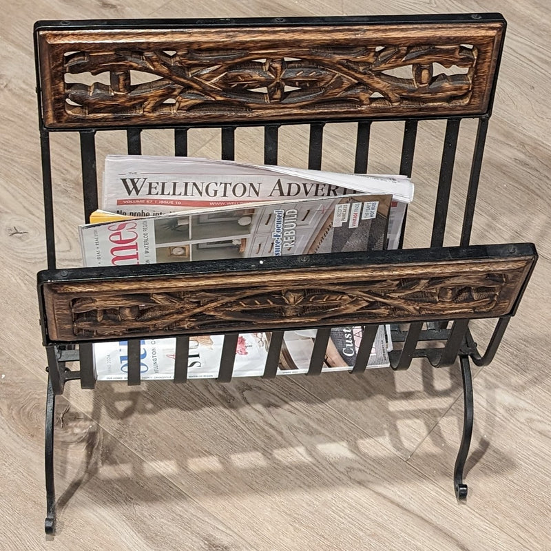 16"W x 17"H x 8"D Magazine Rack Mango wood and wrought iron