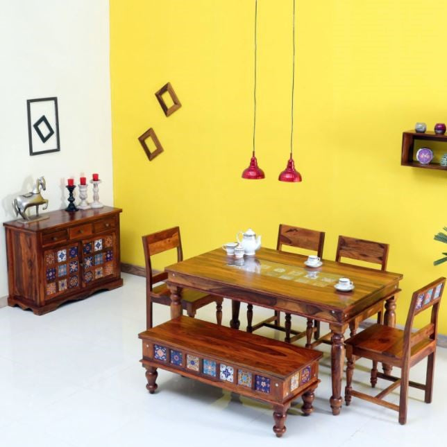 Solid Rosewood Tile Design 4 seater + Bench Dining Set