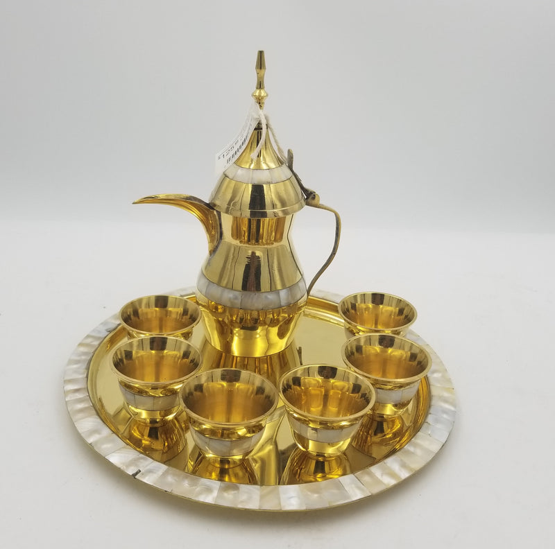 10" Brass Arabic Tea Pot Dallah MOP Set of 8 P