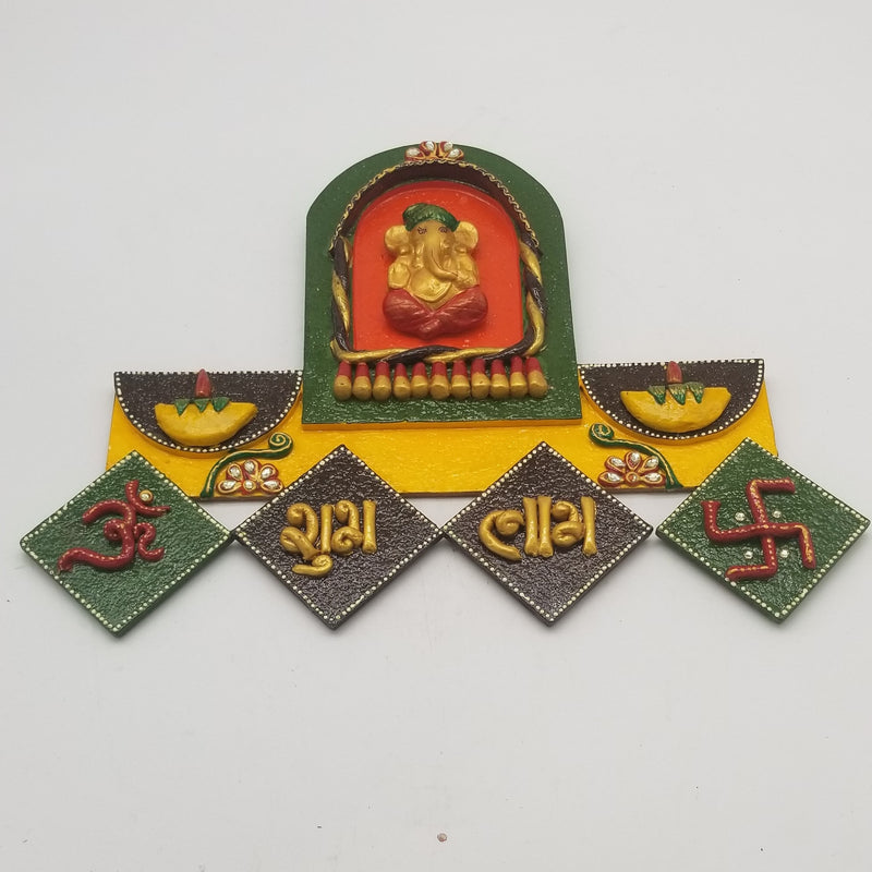 17" W Wooden inspired Ohm Ganesh Swastik Shubh Labh sign