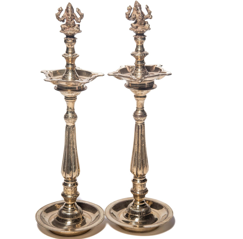 18" Brass Mangala Ganesh Oil Lamp - 1 set of 2 Pcs