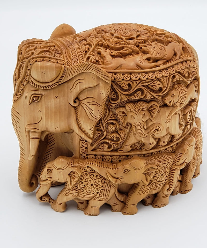 Wooden Elephant with Baby Fine Carving 6"