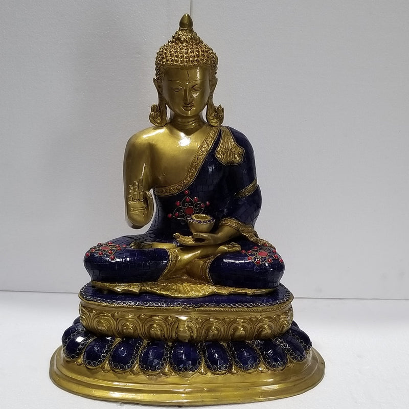 20" Solid Brass Buddha with Stonework on Pedestal