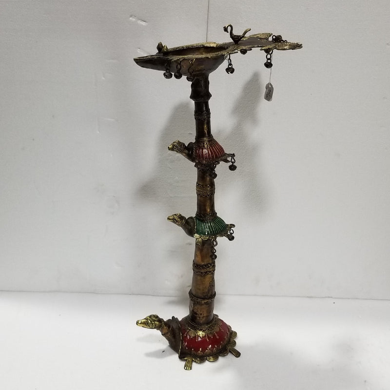 24"H Tortoise inspired Tribal Brass Oil Lamp