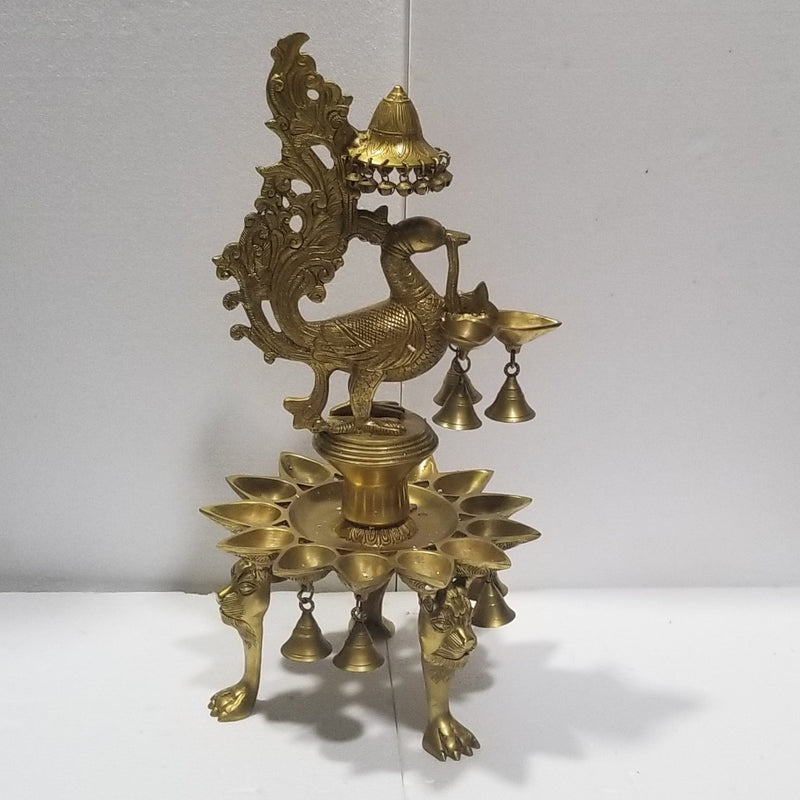 25.5"H Solid Brass Peacock inspired Oil Lamp with hanging Bells