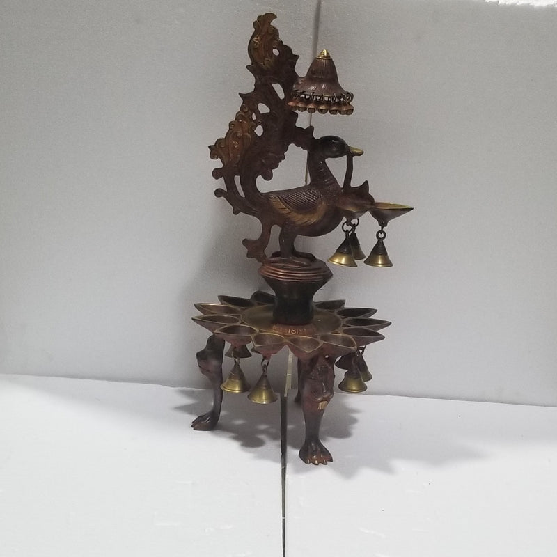 25.5"H Solid Brass Peacock inspired Oil Lamp with hanging Bells