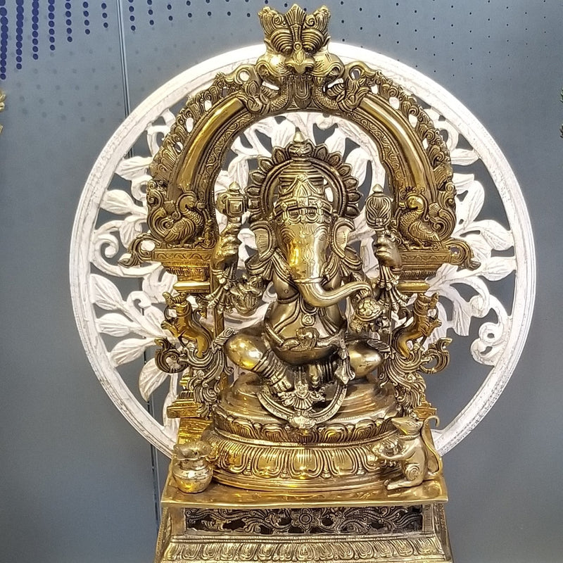 27" Brass Singhasan Ganesh on Throne with Arch