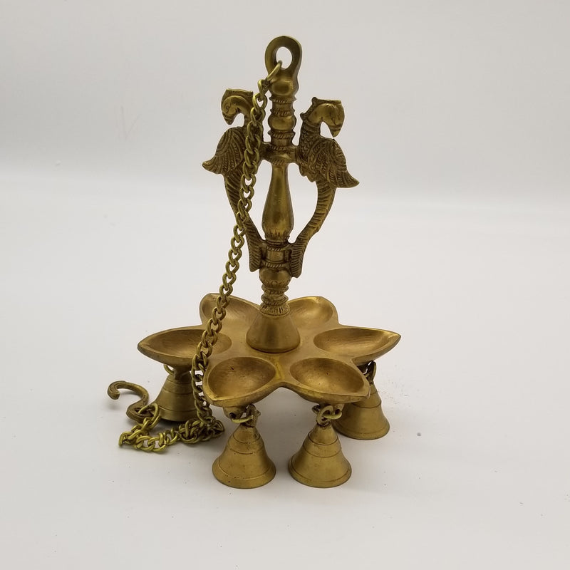 28" L - Solid Brass Peacock inspired Hanging Oil Lamp with hanging bells