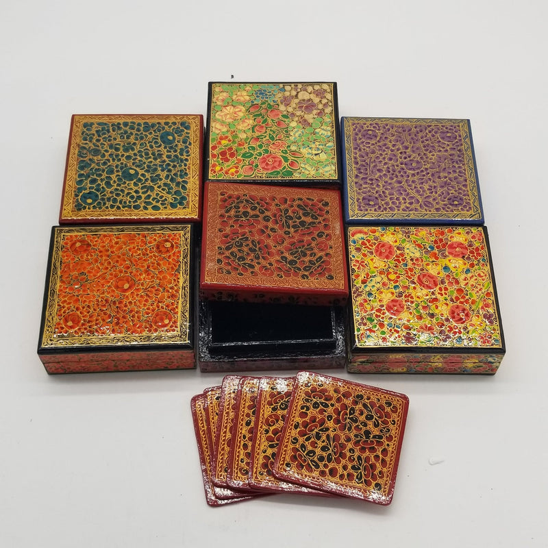 Papier Mache 4" x 4" Square Coaster Set of 6 assorted