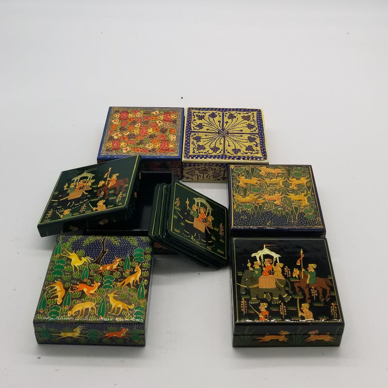 Papier Mache 4" x 4" Square Coaster Set of 6 assorted