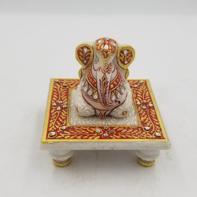 Marble 4"x4" Chowki with Ganesh gold painted