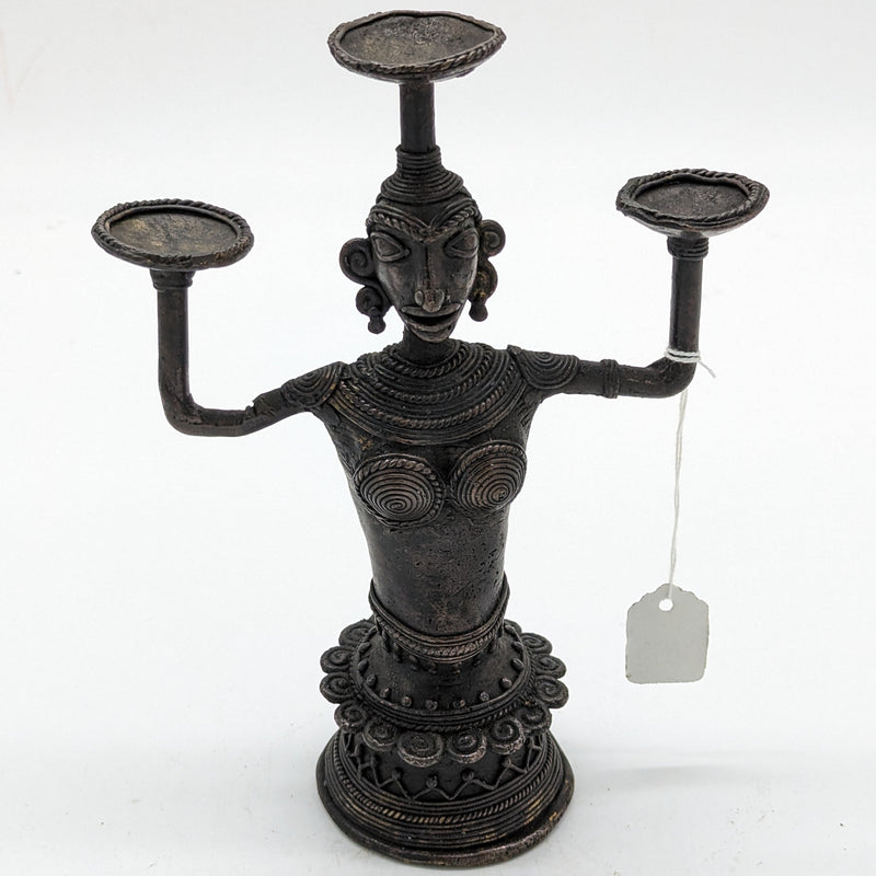 9"H Tribal Brass Women holding 3 Candle Stand