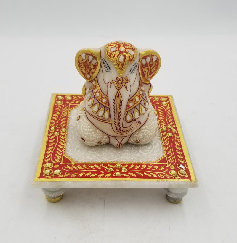 Marble 5"x5" Chowki with Ganesh gold painted
