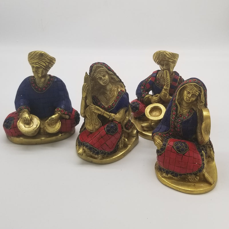 6.5" Solid Brass Rajasthani Musician set of 4 in stonework finish
