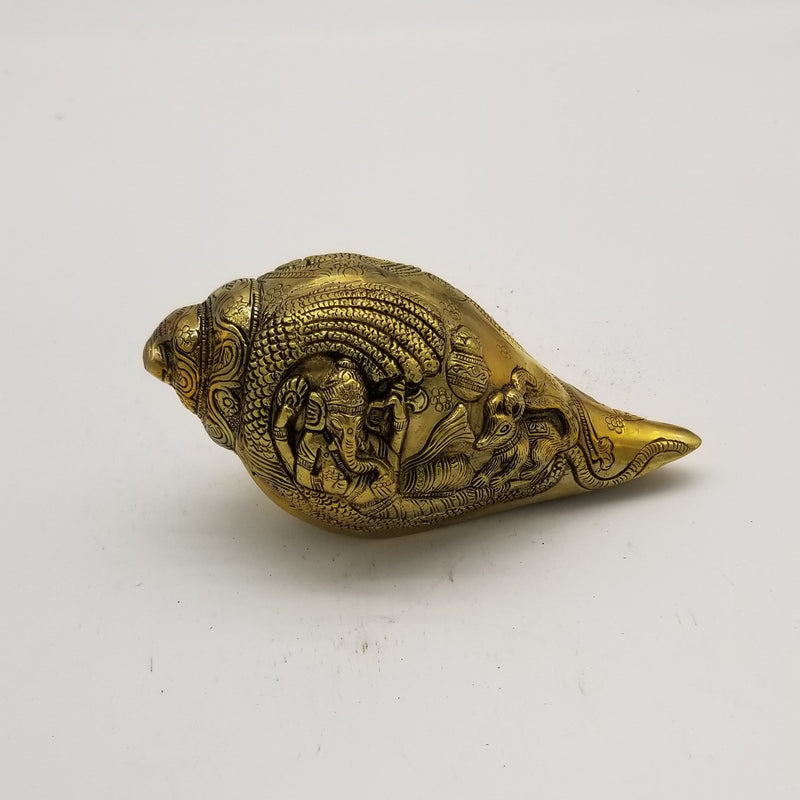 7.5"L Solid Brass Ganesh inspired Conch / Shankh
