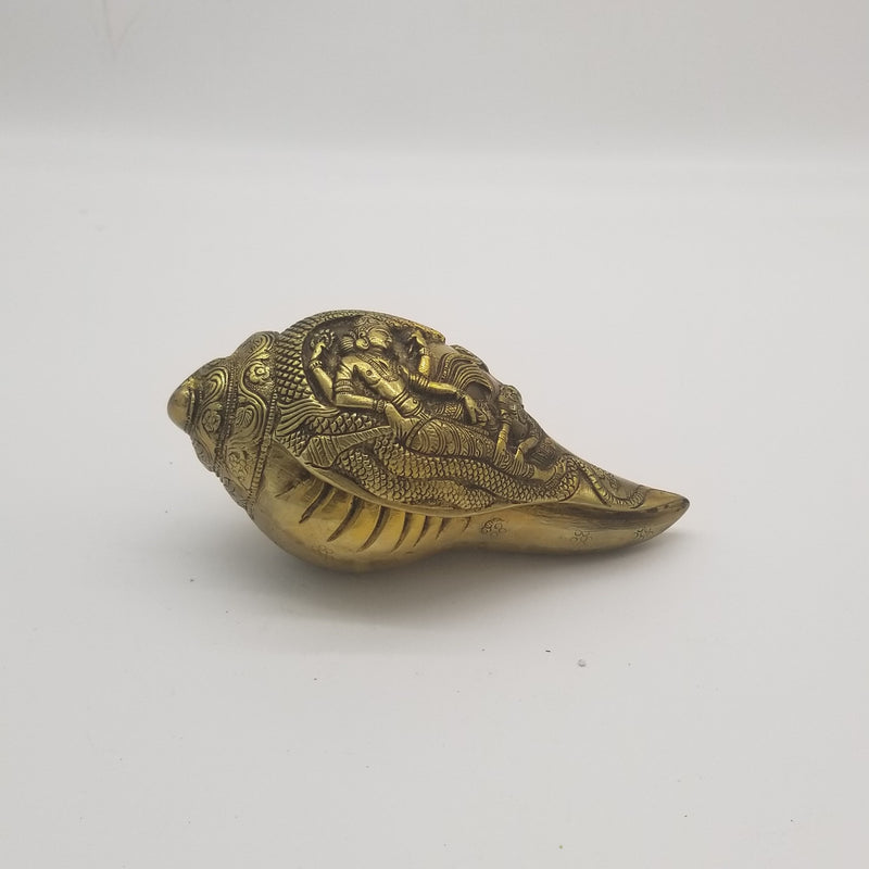 4"H x 7.5"L x 3"D Solid Brass Vishnu inspired Shankh / Conch
